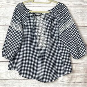 Orvis Peasant Navy Blue White Gingham Plaid Embroidered Top Blouse
